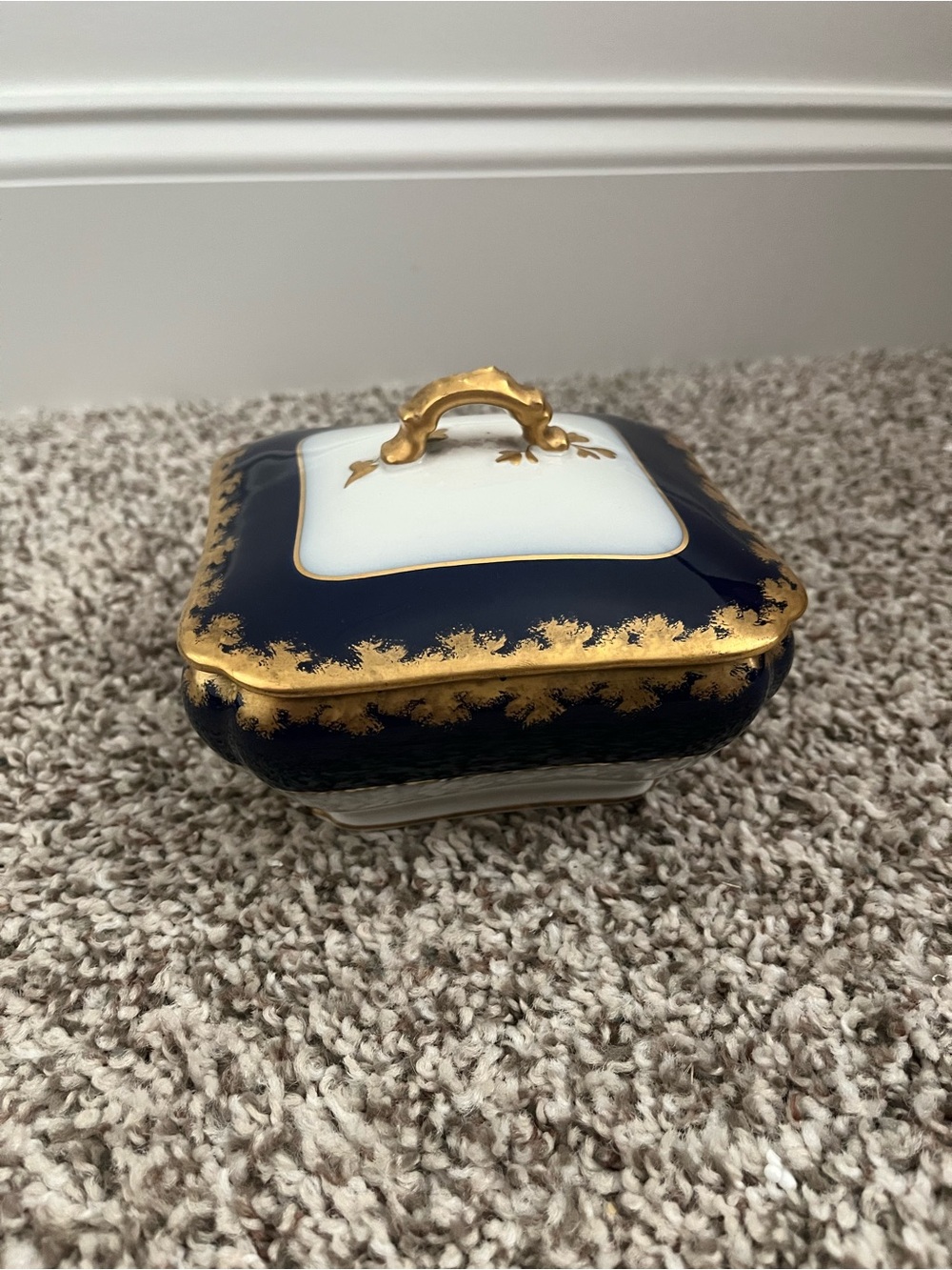 1800s Clark Adam’s & Clark Cobalt and Gold Porcelain Trinket Box with Lid